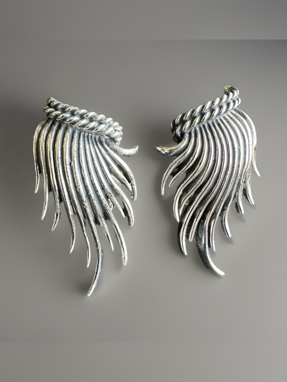 VTG Charel Signed Silver Tone Mid Century Modern Feather Wing Clip On Earrings